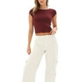thumbnail image 1 of Gupgi Women Backless T-Shirts Summer Short Sleeve Solid Slim Fit Crop Top Basic Tees, 1 of 9