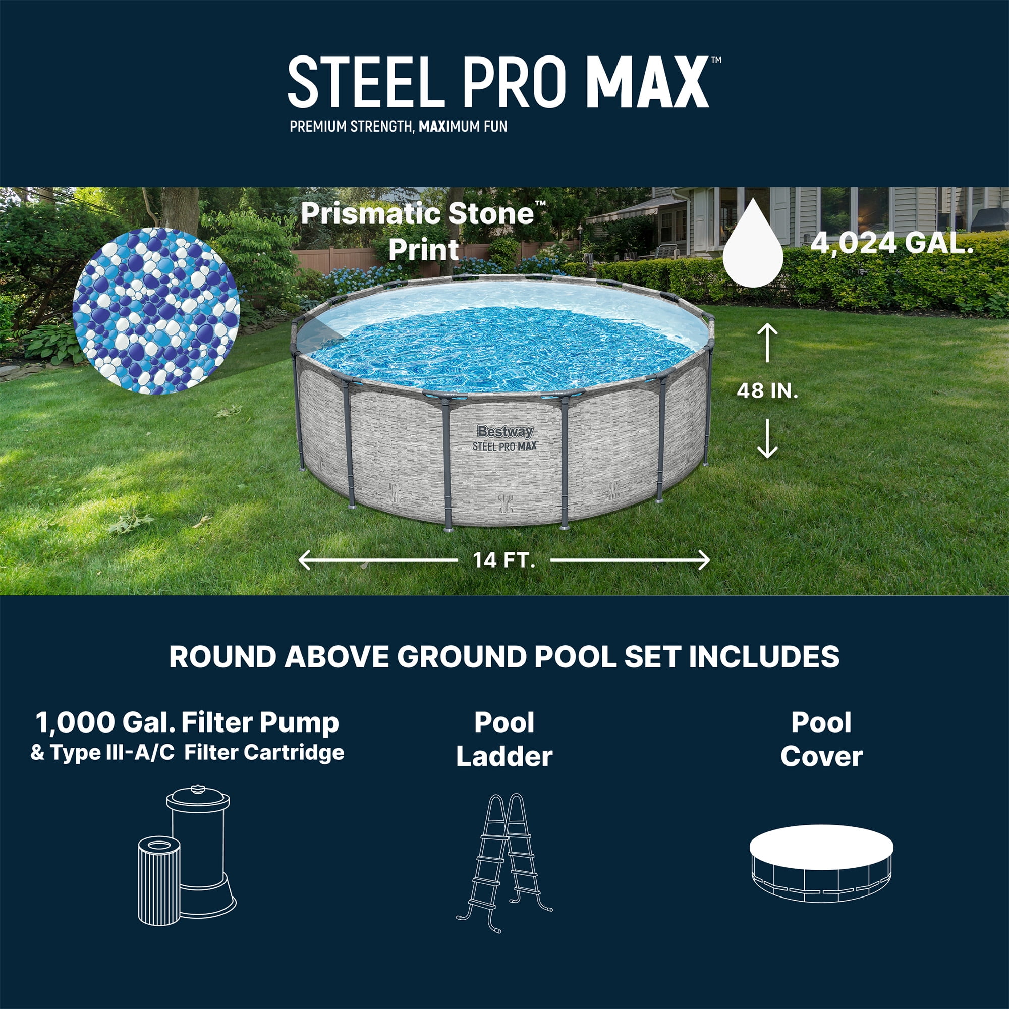 Bestway Steel Pro Max Above Ground Pool - Pump Ladder Cover - 14 ft x 48 in Stone
