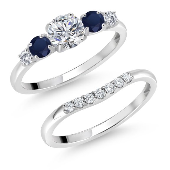 Gem Stone King 10K White Gold White Lab Grown Diamond and Blue Sapphire 5 Stone Bridal Engagement Wedding Ring Set for Women | 0.91 Cttw | Round: 5MM and 3MM | Size 5