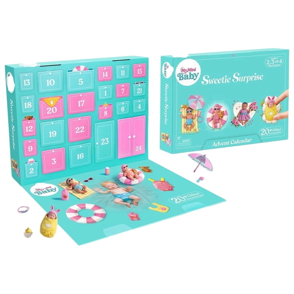 Sweetie Advent Calendar Mini Baby Countdown Calendar, 24 Daily Reveal Windows with Exclusive Baby Dolls, Outfits, Feeding Items & Sunglasses, Nurturing Play, Holiday Gift