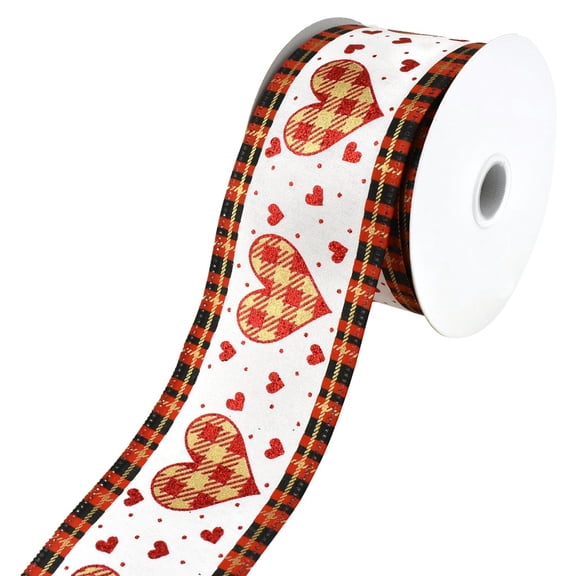 Valentines Day Buffalo Plaid Hearts Wired Ribbon, 2-1/2-Inch, 10-Yard - Red/Gold