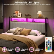 Pinmoco Headboard for Queen Size Bed with Storage, Linen Upholstered Head Board with LED Light and Charging Station, Gray, Headboard Only(Bed Frame Not Included)