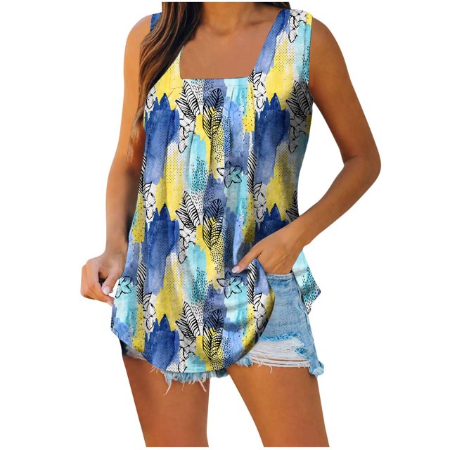 RKSTN Débardeurs pour Femmes Col Carré Sans Manches T-shirt Mode Confortable Imprimé Floral Blouse Plissée Décontractée Ample