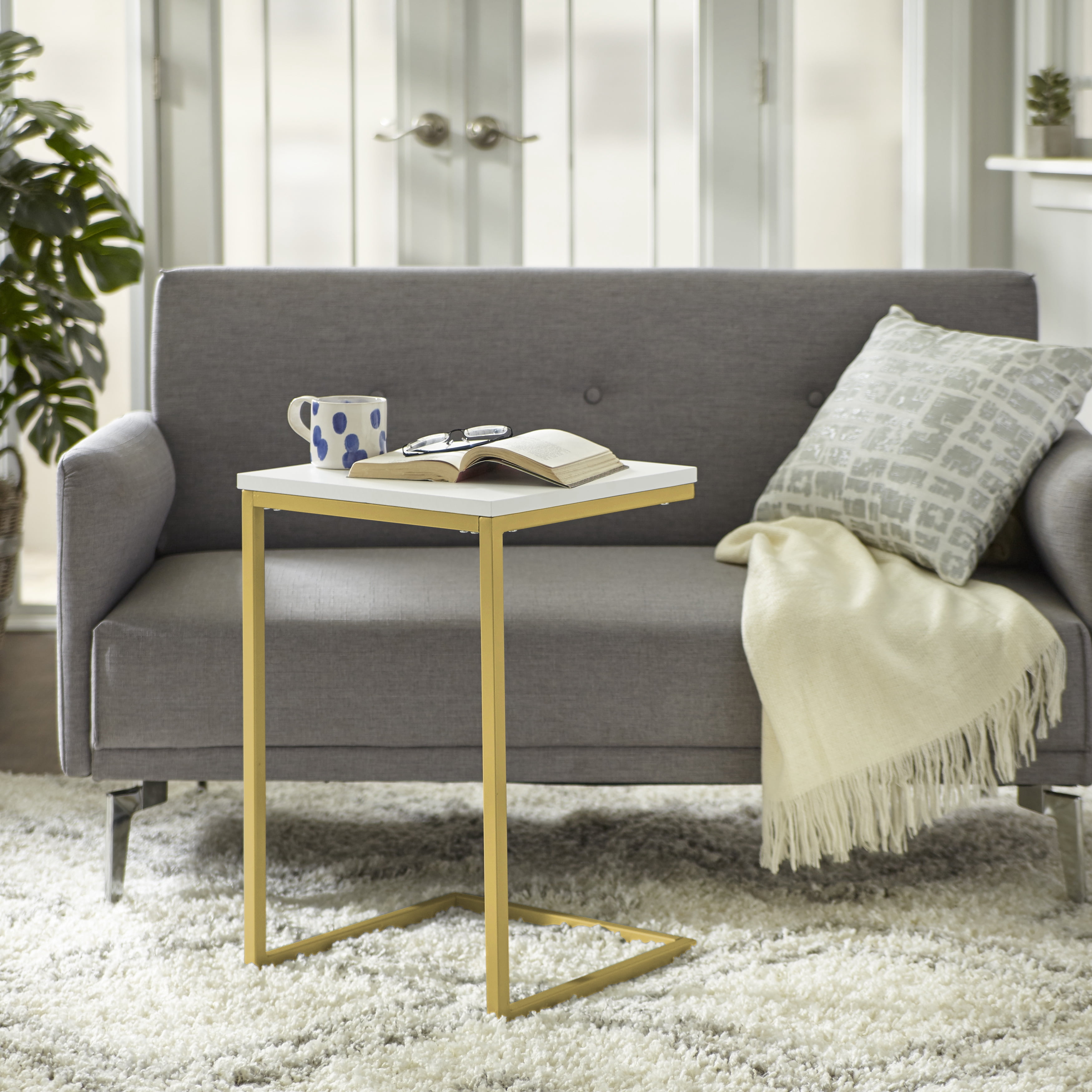 TMS Seneca Indoor Accent C-Table with Metal Frame, 24" Tall, White/Gold
