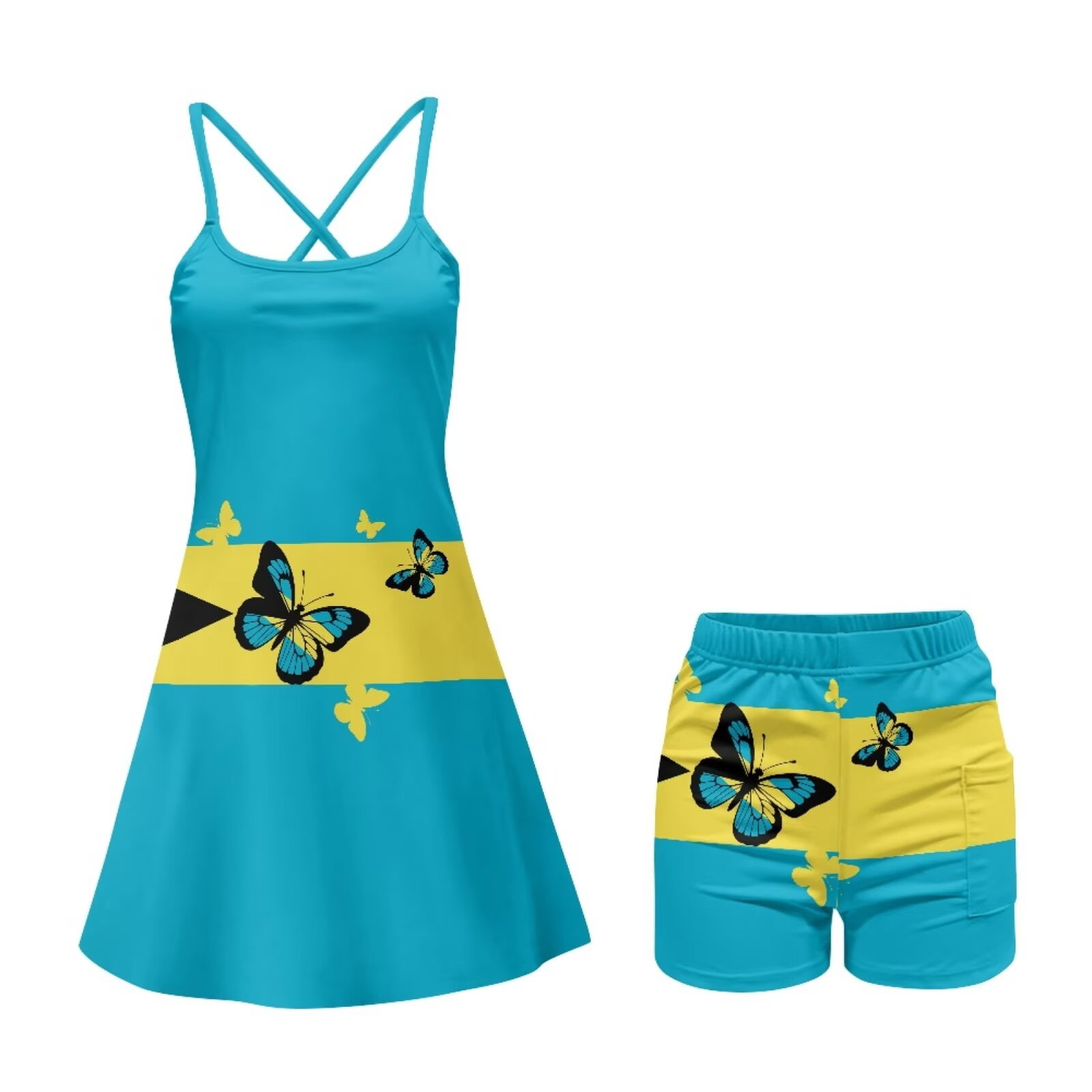 Psesaysky Womens Square Neck Athletic Dress Sleeveless Bahamas Flag Butterfly Print Tennis Golf Exercise Mini Dresses Trendy Summer Outfits, Size XL