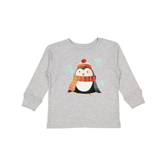 Inktastic Cute Winter Penguin in Hat and Scarf with Snowflakes Boys or Girls Long Sleeve Toddler T-Shirt