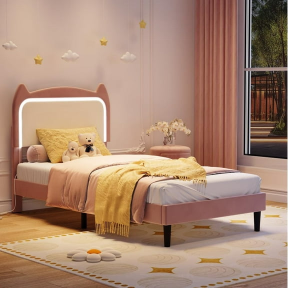 Twin Size Bed Frame with Cat-Shaped Headboard, Upholstered Platform Bed with RGB LED Lights, Sturdy Wood Slats Support, Noise-Free, No Box Spring Needed, Easy Assembly, Pink