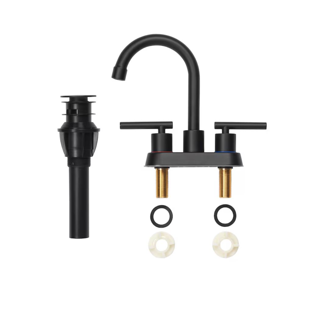Project Source Larton Matte Black 4-in centerset 2-handle WaterSense High-arc Residential Handle Bathroom Sink Faucet with Drain with Deck Plate