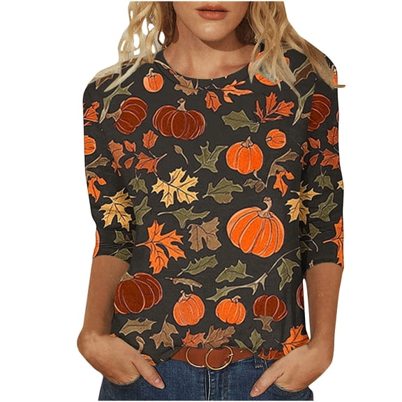 Yxbdin 3/4 Sleeve Fall Tops for Women Trendy Pumpkin Graphic Halloween Shirts Casual Crew Neck Tshirts Funny Leaf Print Fashion Tshirts