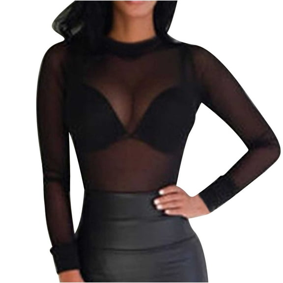 tklpehg Long Sleeve Shirts for Womens Casual Slim Basic Shirt Stretch Tight See-through Transparent Ultra Thin Gauze Base Top Black S