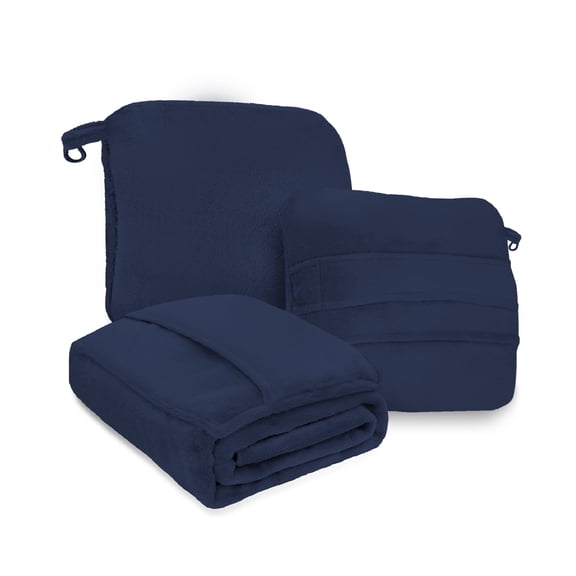 REGAL ESTATE, Super Soft 4 in 1 Travel Blanket Pillow with Luggage Sleeve and Backpack Clip, Navy