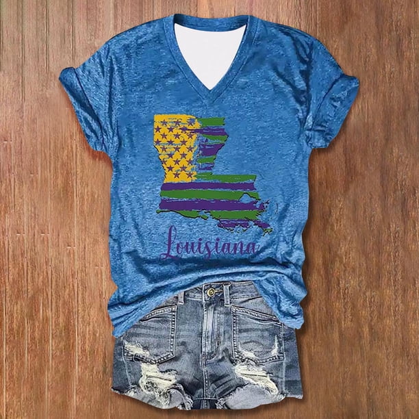 Fiudx Tops para Mujer Lobigiana Camiseta Casual de Manga Corta con Cuello En V y Estampado de Carnaval para Mujer