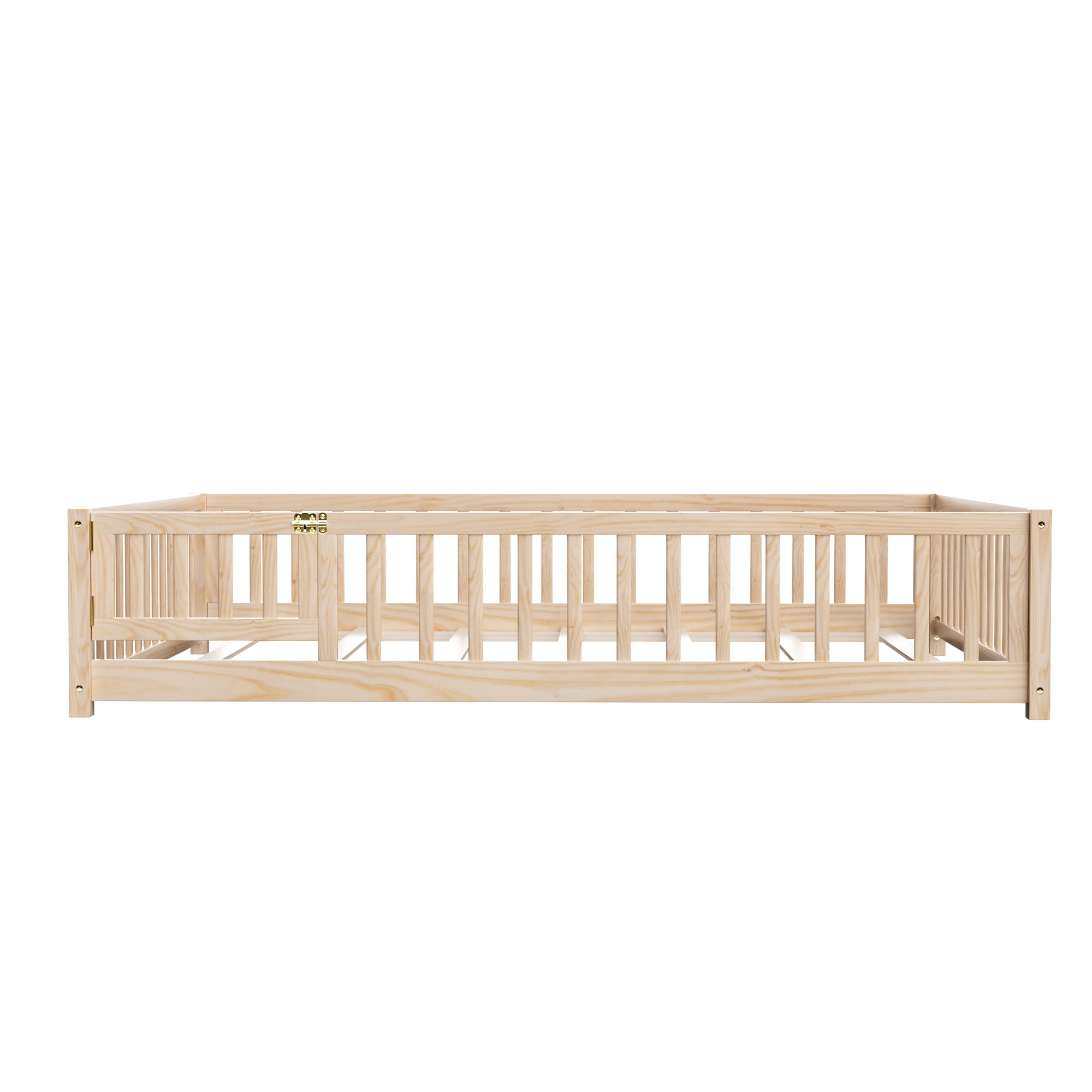 Twin Floor Bed Frame, Montessori Floor Bed with Fence and Wood Slats, Natural