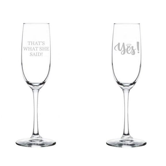 Set of 2 Glass Champagne Flutes Sparkling Wine Glasses Gift Yes & That's What She Said Engagement (8 oz Stemmed)