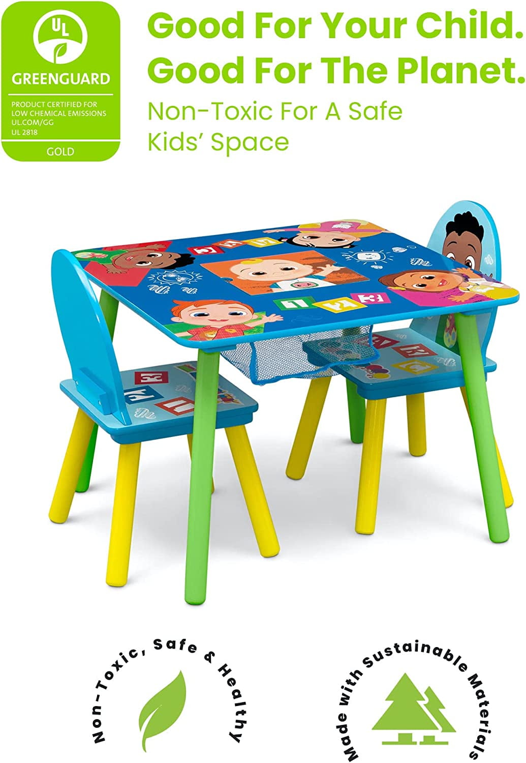 CoComelon Table and 2 Chairs with Storage Set by Delta Children, Greenguard Gold Certified, Toddler