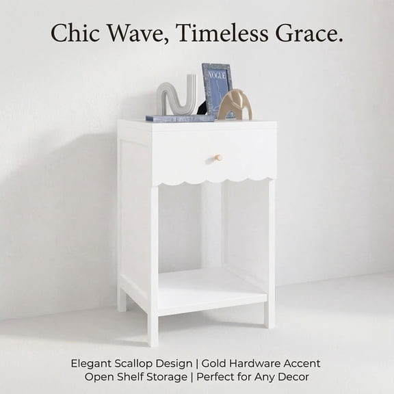 Modern White Nightstand with Drawer and Open Shelf,Scalloped Edge Bedside Table for Bedroom, Cute Minimalist Side Table for Kids Room or Girls' Room