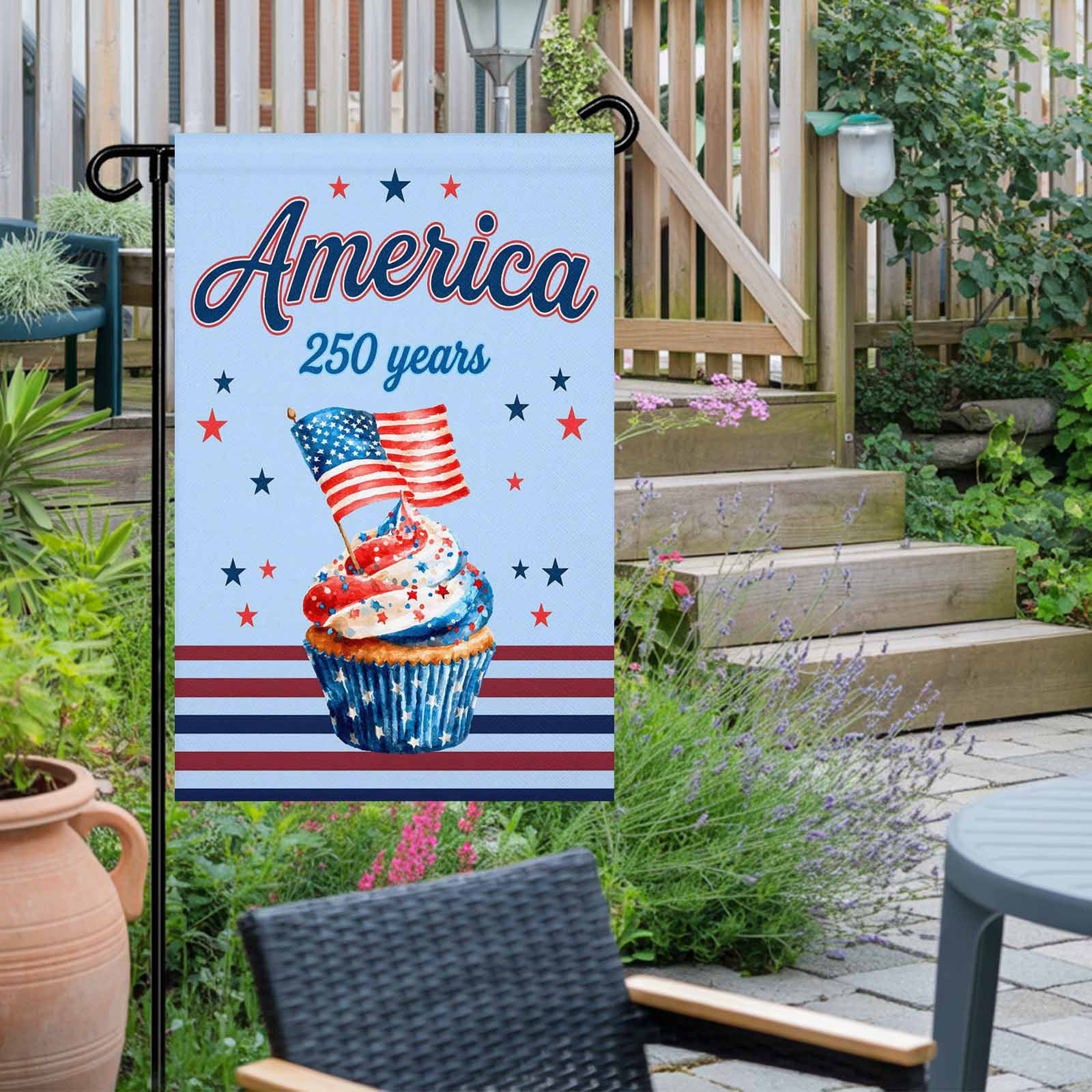 4th of July Garden Flags America 250 Years Garden Flag Double Sided Welcome Flag USA Flag Cupcakes Star Blue Stripes Independence Day Yard Flags for Outdoor Lawn Porch Memorial Day Decor 28x40 Inch
