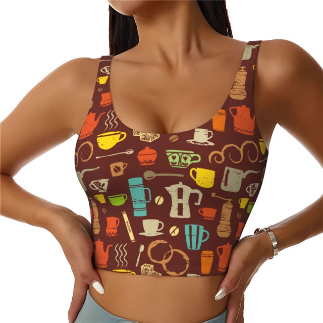 Balery Retro Coffee Sujetadores deportivos con espalda cruzada para mujer, acolchados, sin costuras, de alto impacto, ideales para yoga, gimnasio, entrenamiento y fitness.-