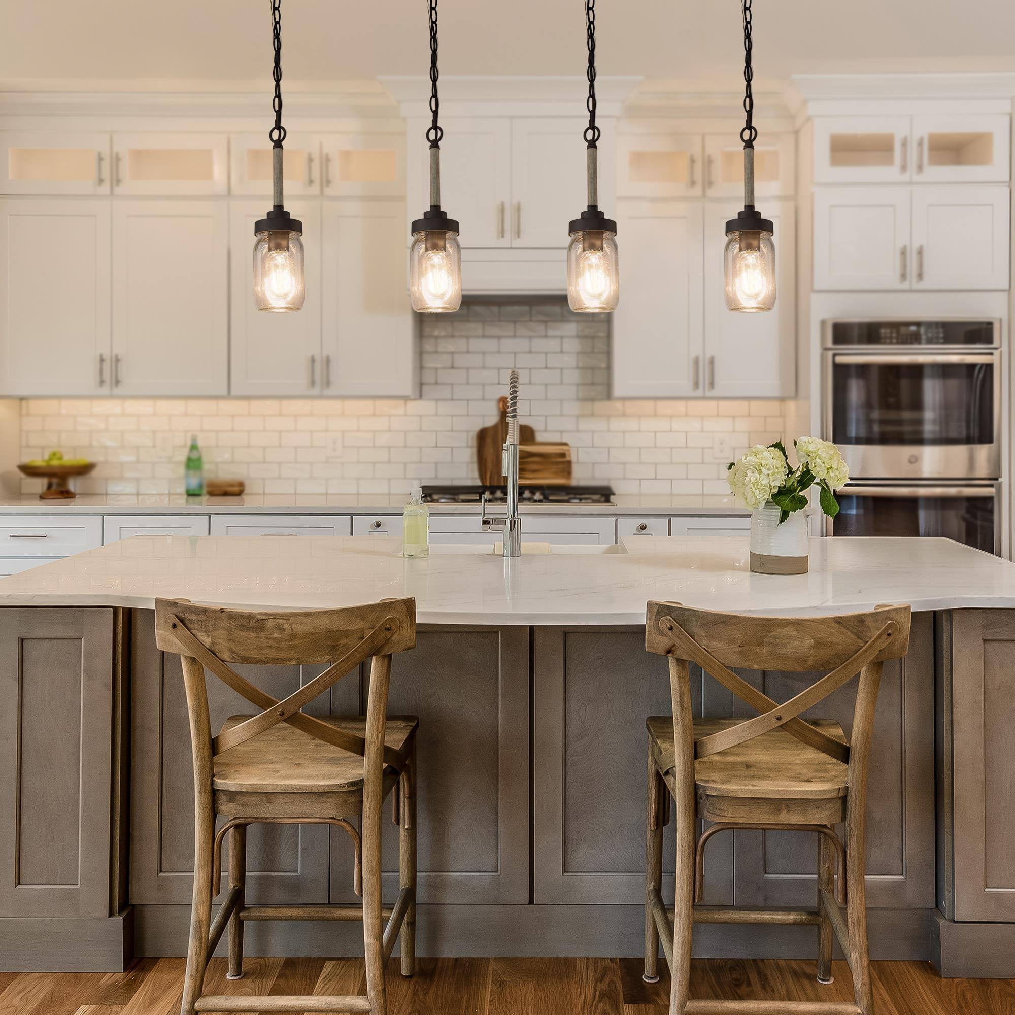 LNC Dark Gray Wood Grain Mini Pendant with Clear Glass Jar, LED Kitchen Island Light