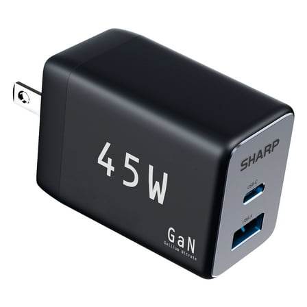 Sharp USB C Charger, 45W, 2 Port (USB A C) Compact Foldable GaN Fast Charge for iPhone 15/15 Plus/15 Pro/15 Pro Max/14, Galaxy, Pixel 4/3, iPad/iPad Mini - Black, G451A1CU-BLK