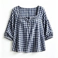 thumbnail image 5 of Yrmaups Women Plus Size Square Neck 3/4 Sleeve Blouse, Loose Fit Button Plaid Top, Soft Casual Tee for Summer Office Daily Wear, Navy 3XL, 5 of 5