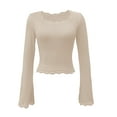 thumbnail image 4 of NAFUU Soft Ladies T-Shirts Solid Color Long Sleeve Ribbed Lace Trim Top Fashion U Neck Fall Winter Season Basic Tees For Women，Beige, 4 of 4