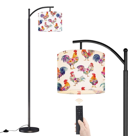 Arc Floor Lamp with Adjustable Lampshade Colorful Floral Roosters Watercolor Standing Lamp 3 Color Temperatures Dimmable Tall Pole Lamp with Foot Switch Bedroom Farmhouse Decor