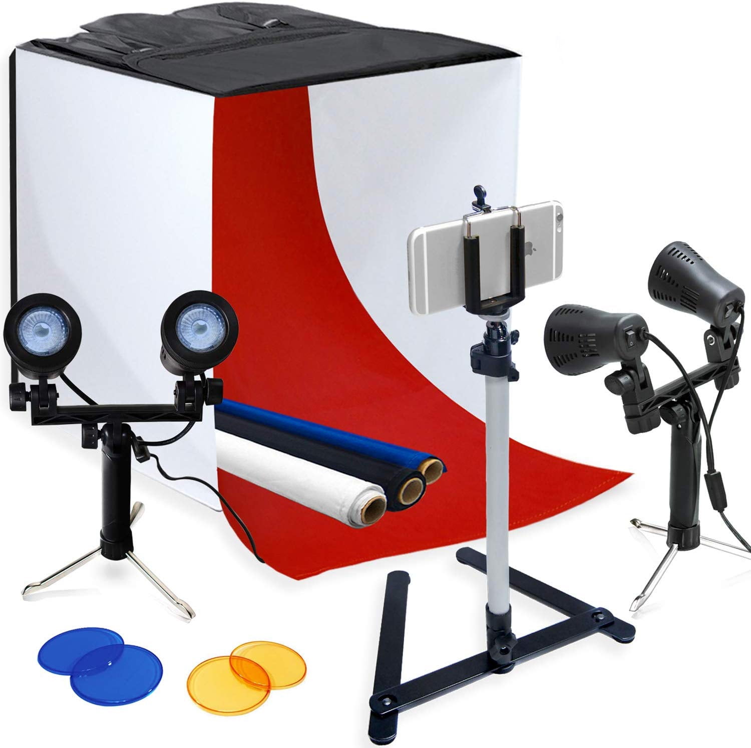 Photo Studio Box Portable Folding Shooting Light Tent with 2pcs Adjustable LED Strip 6 Colors Backdrops Mini Tripod+Cellphone Clip for Photogaphy Product Display 