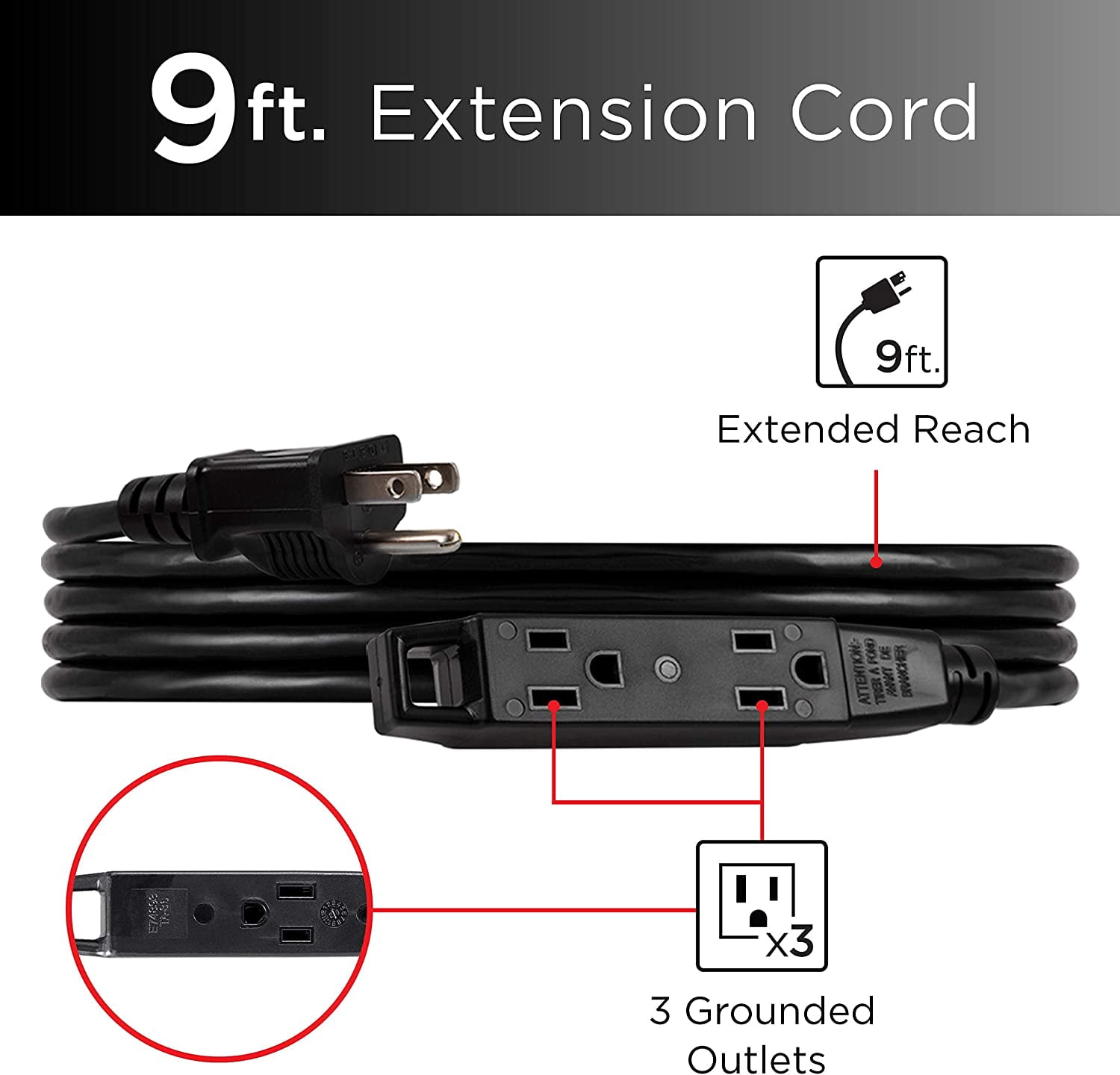 JJEAN-9 Ft Outdoor Extension Cord 3 Outlet Extension Cords Outlet Power Strip Short Extension Cord with Multiple Outlets Grounded Heavy Duty Extension Cord 16 Gauge UL Listed Black 50772