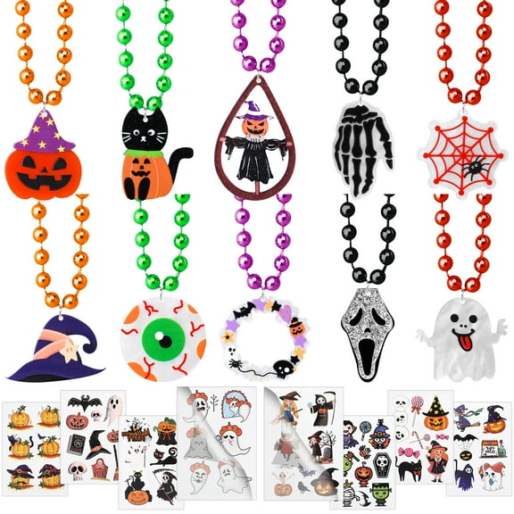 78PCS Halloween Necklaces Bead and Tattoos Stickers, Halloween Party Favors Supplies Trick or Treat Gift Bag Filler Ghost Witch Hat Bat Pumpkin Necklaces