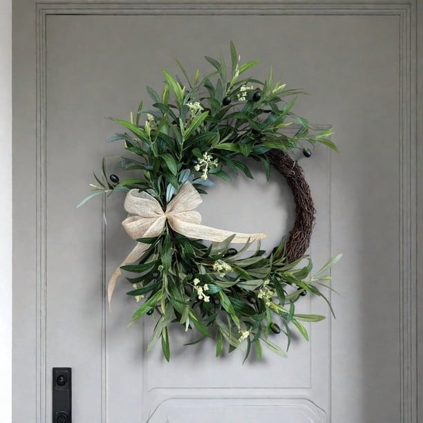 Decoración de la puerta principal con corona de olivo artificial – corona de pared con vegetación para decorar el salón, guirnalda de boda, decoración para fiestas navideñas, círculo de hojas falsas