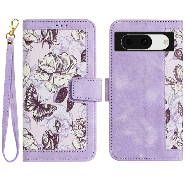 Compatible with Google Pixel 8 Vintage Flower Wallet Case Magnetic Closure Cover with Card Slots