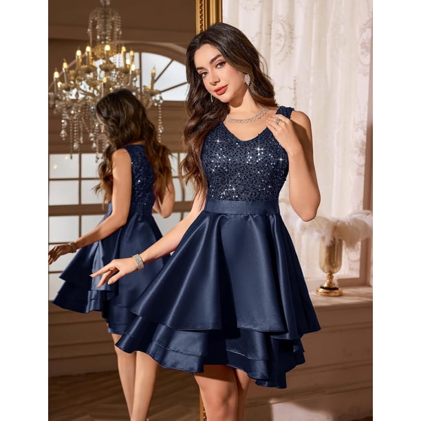 semi formal dresses sparkly Meetjen Women's Sequin Prom Dress Meetjen Women's Sequin Prom Dress – V-Neck High-Low Satin Cocktail Gown, Semi-Formal Wedding Dress semi formal dresses for wedding