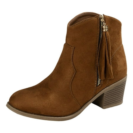 OJSFQUFP Womens Booties Ladies Fashion Retro Solid Suede Tassel Zipper Pointed Thick Heel Short Boots Comfortable Fall Shoes Platform Boots for Women Brown 38