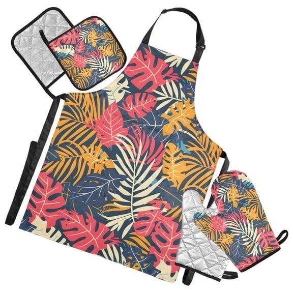 Tropical Exotic Leaves 5 Pcs Kitchen Set Heat Resistant Oven Mitts and Non-Slip Pot Holders with Adjustable Cooking Apron