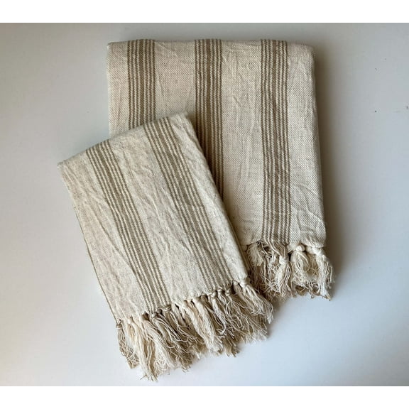 Bath and Hand Towels Set, Lightweight Striped Picnic Throw Shawl, Beige Bronze Cotton Linen Turkish Towels, Mothers Day Gift, Wedding Present