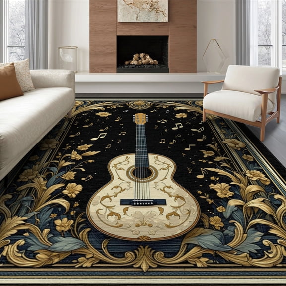 ODIKA 8'x10' Washable Area Rug Music Guitar Notes Retro Vintage Songbook Motif Note Acoustic for Living Room, Under Sectional, Family , Durable, Non-Slip