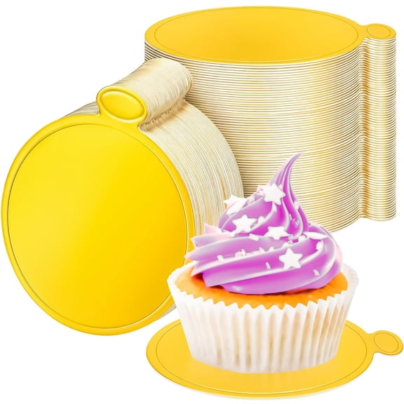Yahome 3.5 Inch Mini Cake Base,50 Pcs Gold Cupcake Paper Boards Round Dessert Decorating Tray for Mousse Cheesecake Display Wedding Birthday Party Supplies