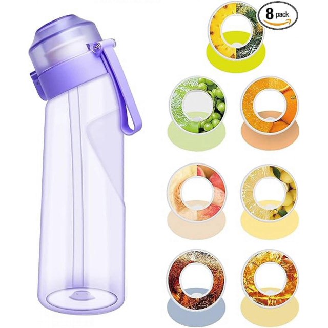 Botella de agua con 7 cápsulas de sabor, 650 ml (21,9 oz) con aroma a frutas, ideal para deportes al aire libre (morado, 650 ml)