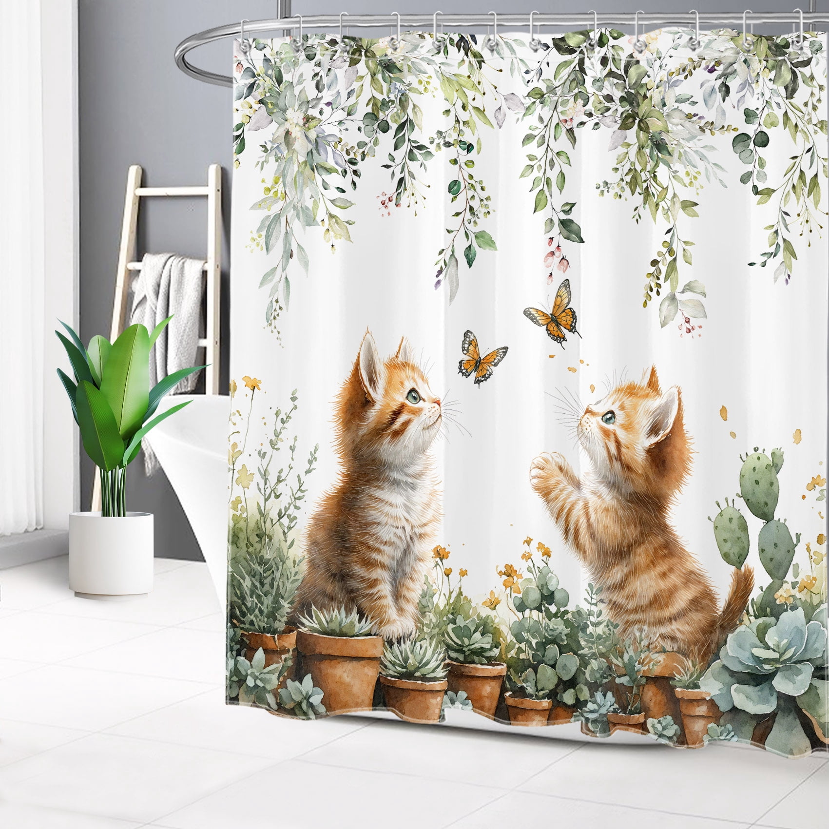 Cat Shower Curtain Cat Fluttering Butterfly Green Leaf Plants Bathroom Shower Curtain Funny Spring Home Decor Waterproof Durable Shower Curtain Accessories with 12 Hooks 72x78 Inches