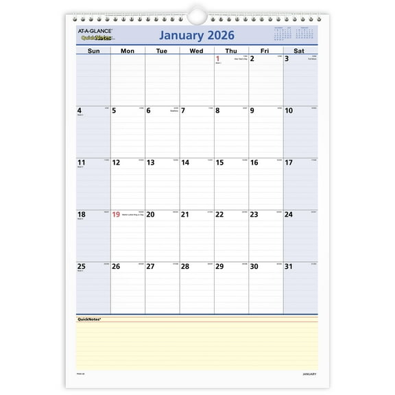 AT-A-GLANCE QuickNotes 2026 Monthly Desk Wall Calendar Medium 12 x 17 - Monthly