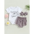 thumbnail image 2 of Bagilaanoe 3pcs Newborn Baby Girl Short Pants Set Letters Print Short Sleeve Romper Tops + Leopard Shorts + Hairband 3M 6M 12M 18M Infant Casual Summer Outfits, 2 of 9
