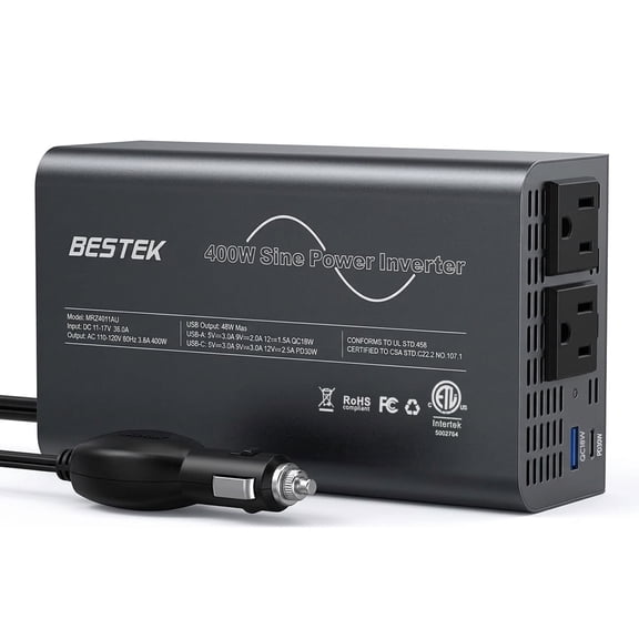 BESTEK 400W Pure Sine Wave Car Power Inverter, 12V DC to 110V AC Converter with Dual AC Outlets, 30W USB-C & 18W QC Charger