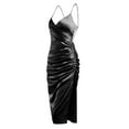 thumbnail image 6 of Franhais Women's Summer Solid Color Dress Thin Spaghetti Straps V-neck Gathered Side Slit Dress, 6 of 9