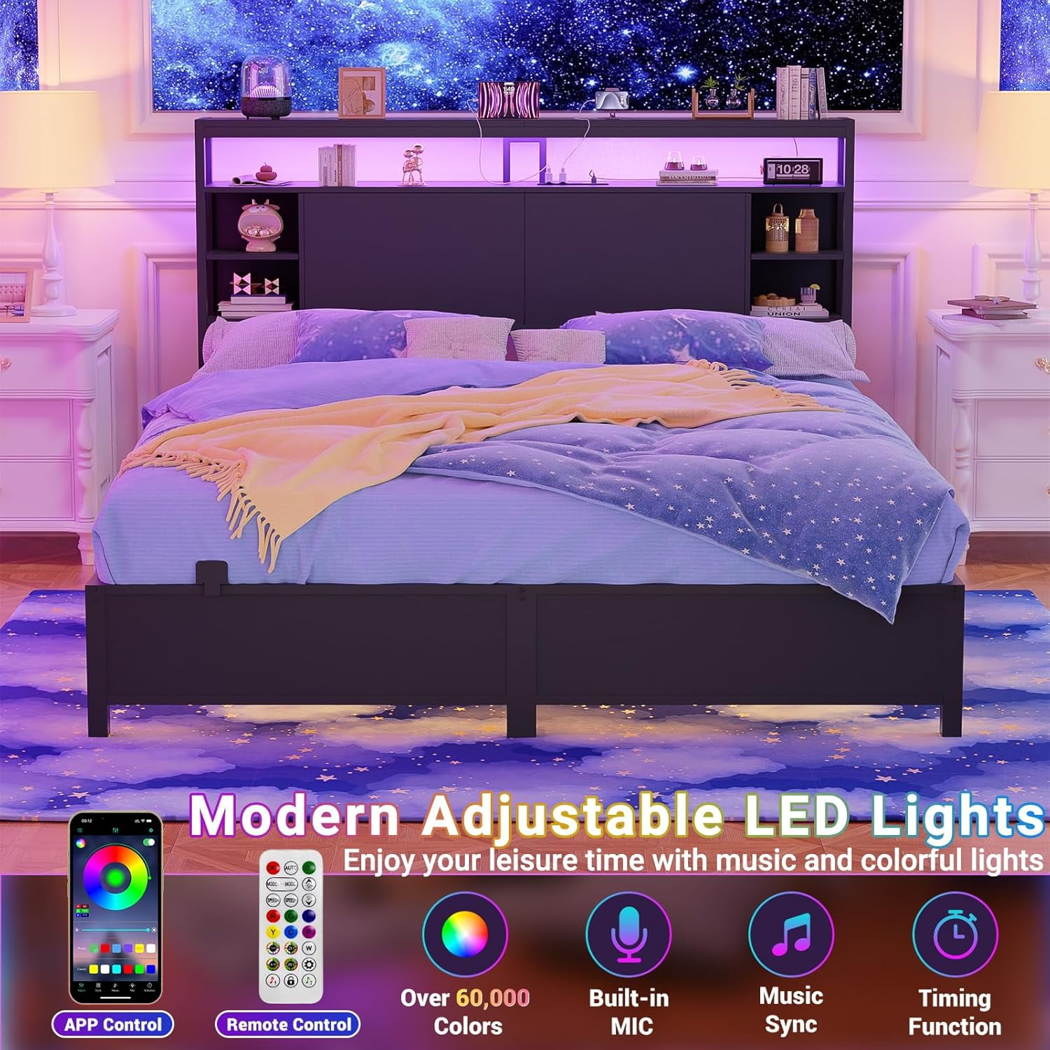 Homieasy Queen Headboard with Storage, Headboards with Power Outlets and Smart LED Light, Sturdy Head Board for Queen Size Bed, Black