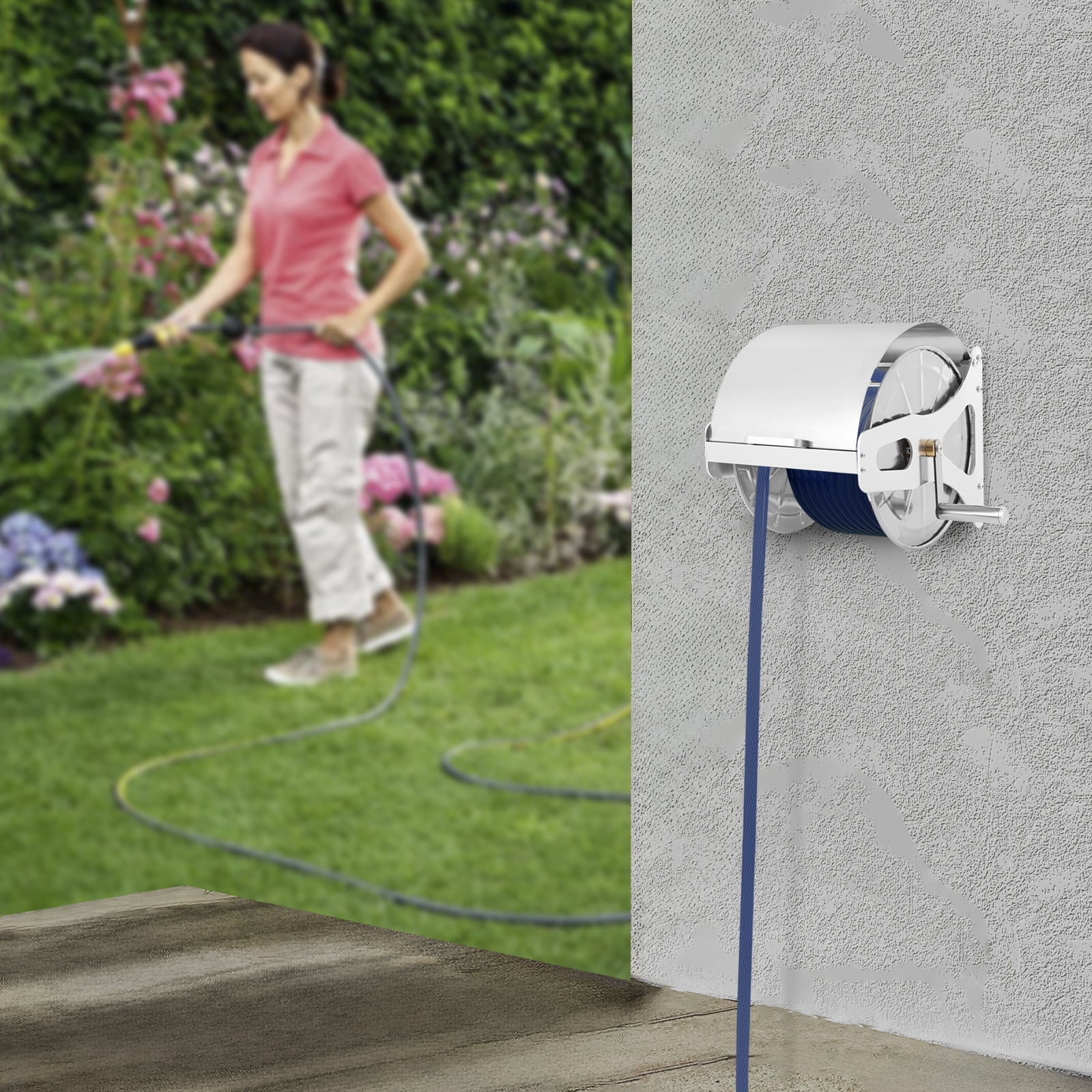 TFCFL 360° Hose Reel Garden Hose Reel with Quick Coupler Wall-Mount Metal Hose Reel for Watering Washing