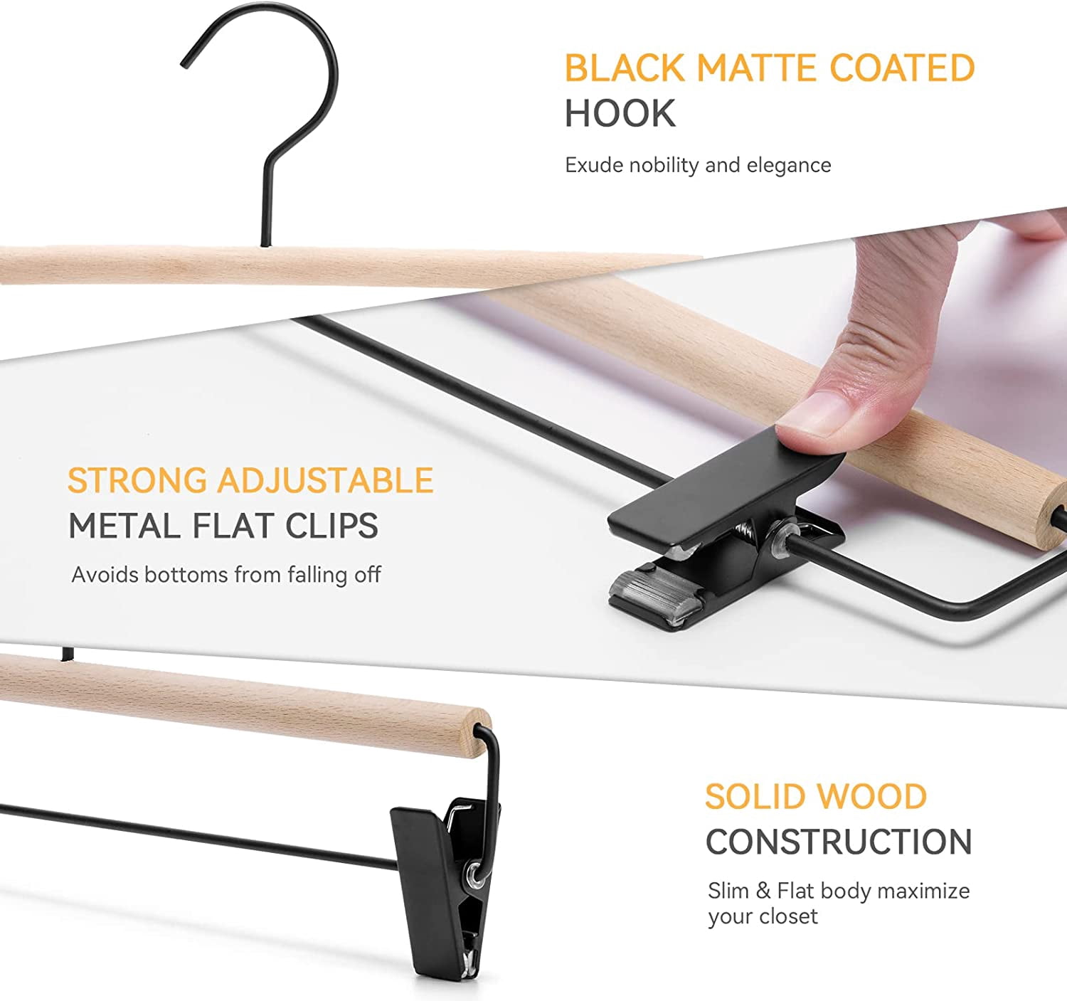 Beech Wooden Pants Hangers with Adjustable Black Clips and Hook, 20-Pack (Natural Wood and Black Metal)