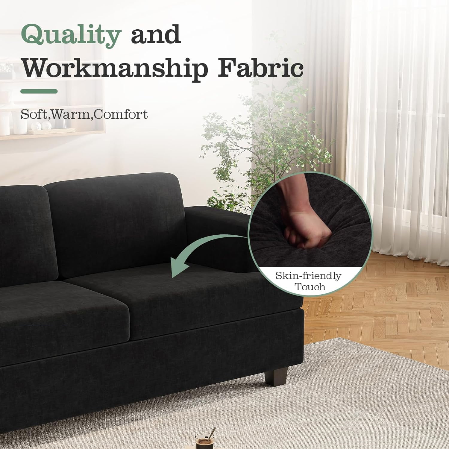 Techmilly Modern Comfy Deep Seat Sofa,3 Seater,for Living Room Bedroom,Apartment,Lounge,Dark Gray Chenille