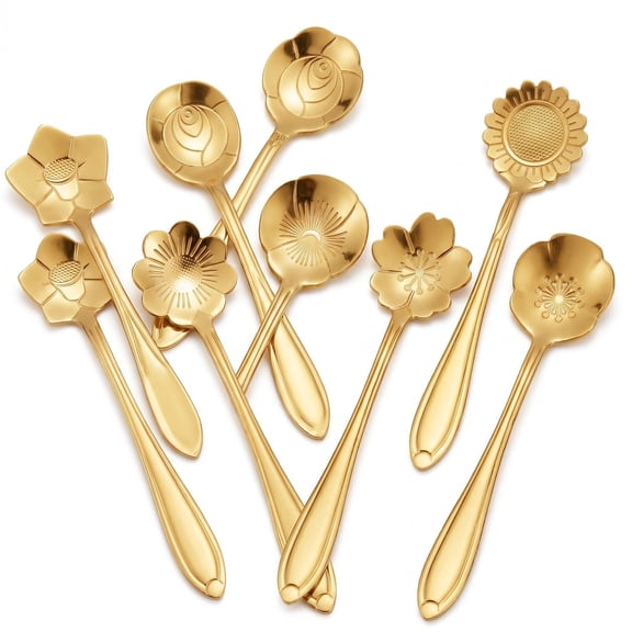BlinkLLX 16 Pieces Stainless Steel Flower Coffee Spoon Dessert Sugar Ice Cream Stirring Tea Spoon Set for Tableware Kitchen, Cafe or Bar(Gold)