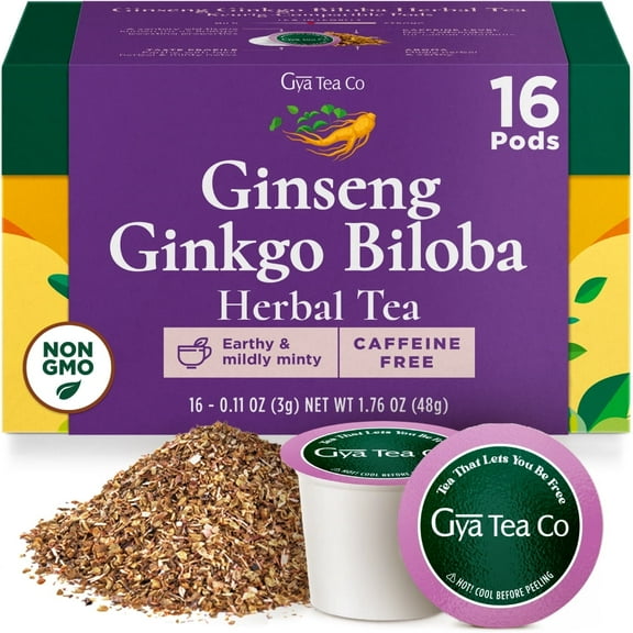 Gya Tea Co Ginkgo Biloba and Ginseng Herbal Tea Pod (16 ct) - Decaf Wellness Tea for Energy, Relaxing & Digestive Health